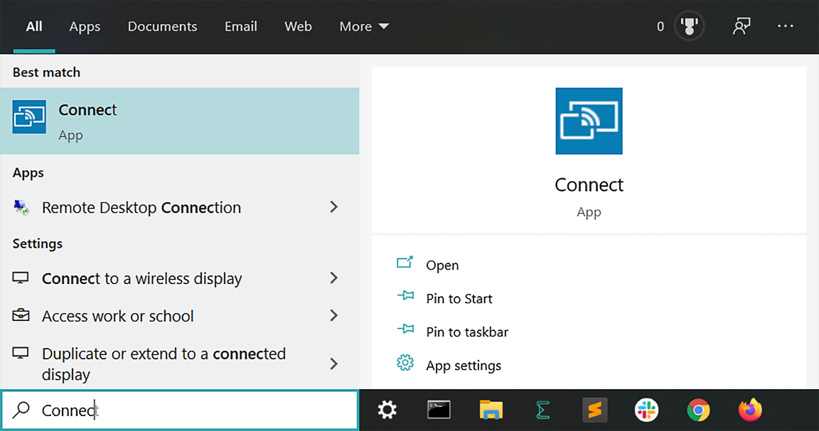 Search results for typing Connect in Windows Search.
