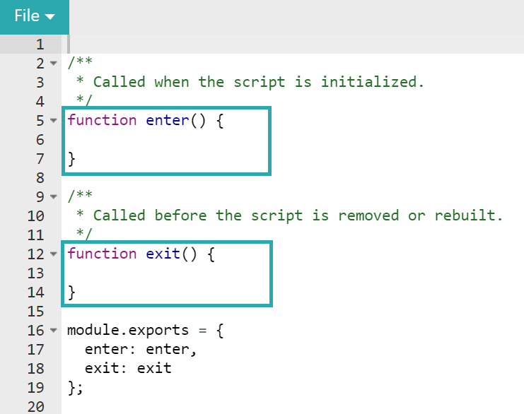 New script file showing empty enter and exit functions.