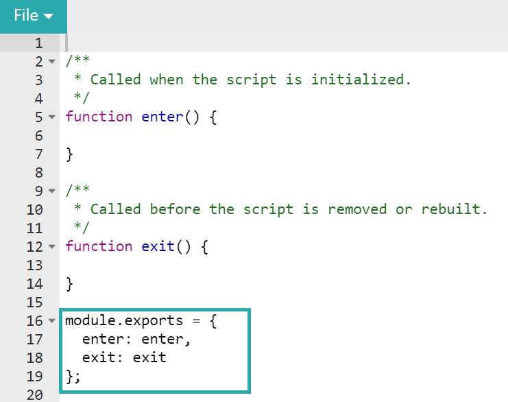 New script file showing empty enter and exit functions.