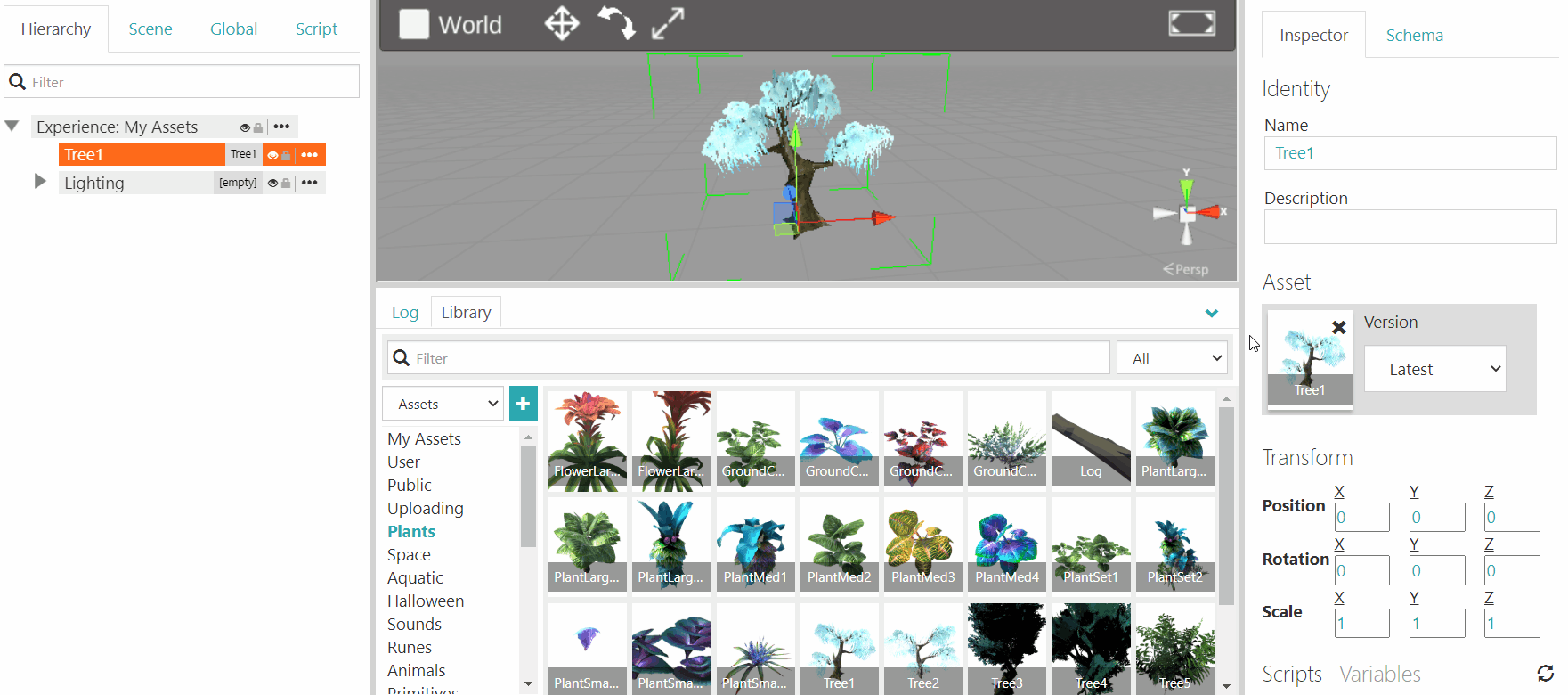 Drag plant asset onto tree asset.  Plant asset appears in canvas.