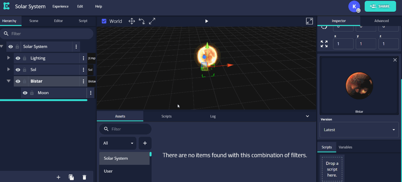 Drag public orbit script onto planet to make it orbit.